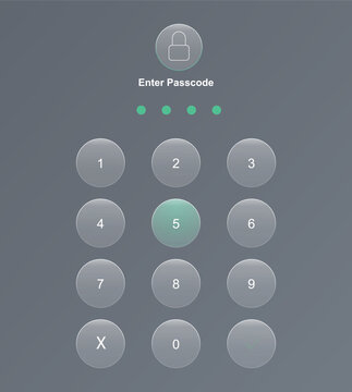 Glassmorphism passcode screen interface, mobile security keypad with numeric buttons, digital lock screen vector for app design