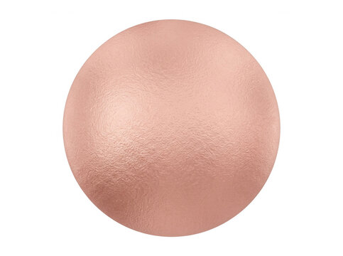 Una sfera tridimensionale in oro rosa metallizzato con una texture finemente satinata, isolata su uno sfondo bianco pulito per progetti grafici.