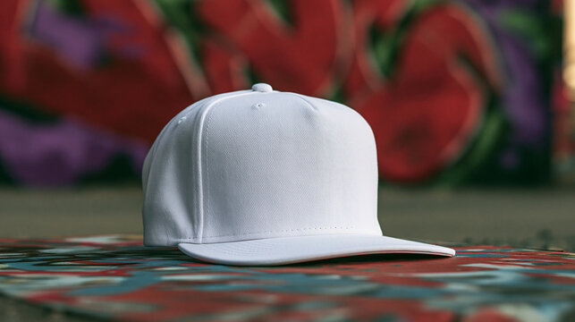 A plain white snapback cap sits on a colorful surface with urban graffiti in the blurred background. Ideal for streetwear branding and apparel design mockups.