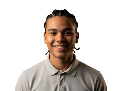Portrait of a young man with braided hair smiling against white background