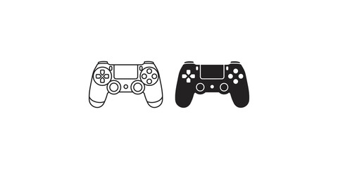 Gaming controller icons in outline and solid black styles for video game industry and entertainment application branding. © Saba