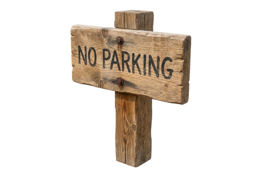 Un vecchio cartello in legno rustico con la scritta nera "No Parking" fissato con chiodi arrugginiti su un palo, isolato su sfondo bianco.