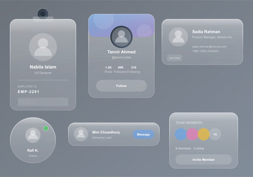 Glassmorphism UI kit with frosted glass profile cards, translucent user interface elements, modern web design components