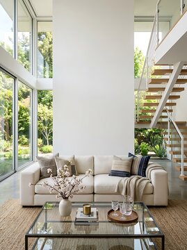 Spacious modern living room with high ceiling, white walls, large windows, stairs, white sofa, glass coffee table, and natural greenery outside