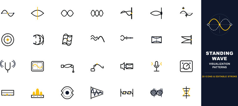 Standing wave visualization patterns, 28 icons and 2 editable designs, physics wave frequency symbols, scientific audio signal vector set
