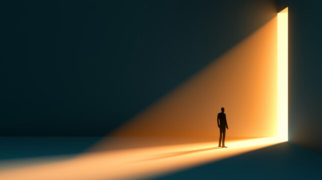 Digital artwork. Man standing near glowing orange doorway in a dark futuristic space with dramatic light and long shadow. Concept of opportunity, future vision, decision, and success
