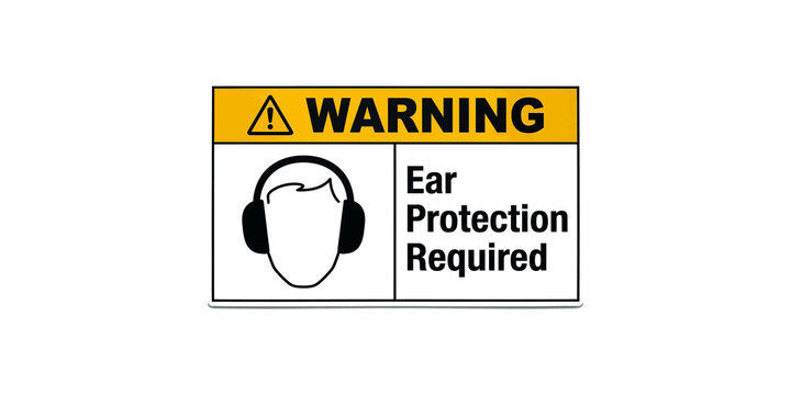 Warning ear protection required signage with yellow black hazard symbol for industrial safety.