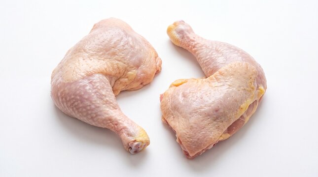 Raw fresh chicken leg quarters positioned side by side for culinary preparation showcasing healthy protein textures on white background