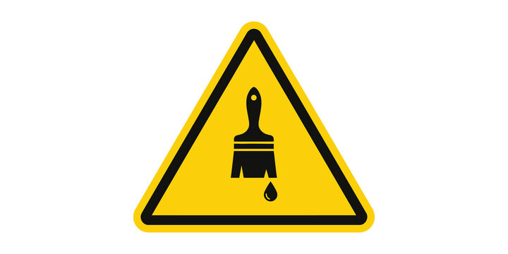 Wet paint warning sign with brush and drop icon inside yellow triangle for caution.