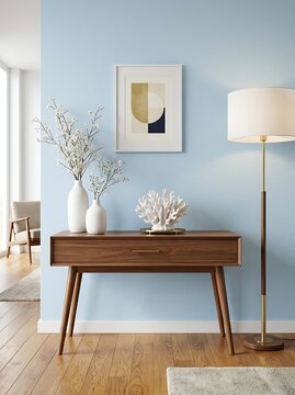 Modern entryway interior with console table, white vases with dried flowers, abstract art painting on light blue wall and floor lamp