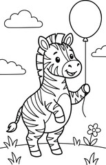 Naklejka premium Cute zebra standing on hind legs holding a balloon, simple black and white line art coloring page for kids