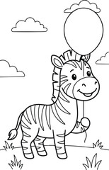 Naklejka premium Cute zebra standing and holding a balloon, simple black and white line art coloring page for kids