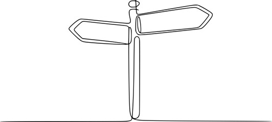 A minimalist continuous line of a blank wooden signpost pointing in two opposite directions on white © Papri_stock