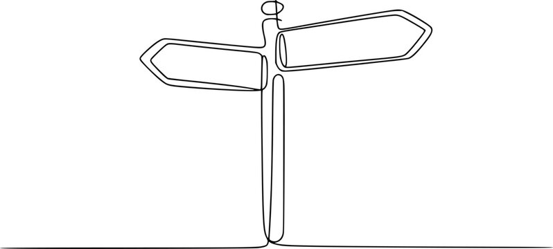 A minimalist continuous line of a blank wooden signpost pointing in two opposite directions on white