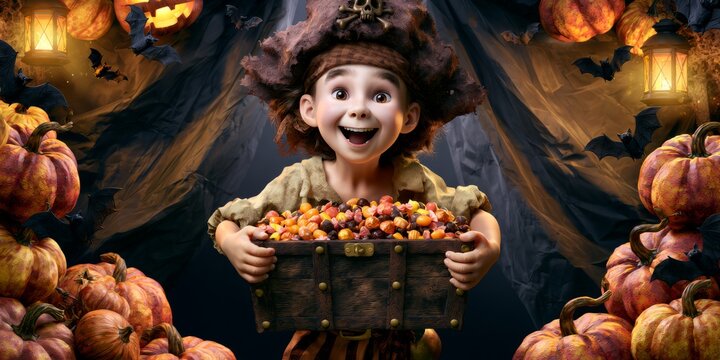 Cheerful Pirate Child Holding Halloween Candy Treasure Chest