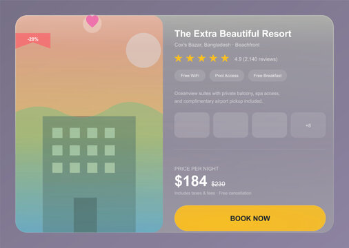 Modern hotel booking app interface, resort reservation mobile UI design, travel accommodation website card with price and rating