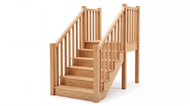 Elegant oak wooden staircase featuring sturdy vertical spindles and classic design elements captured from a side perspective on white background