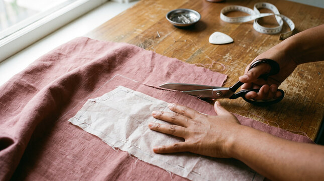 Hands cutting fabric with scissors on table near pattern pieces, home sewing and garment making process 