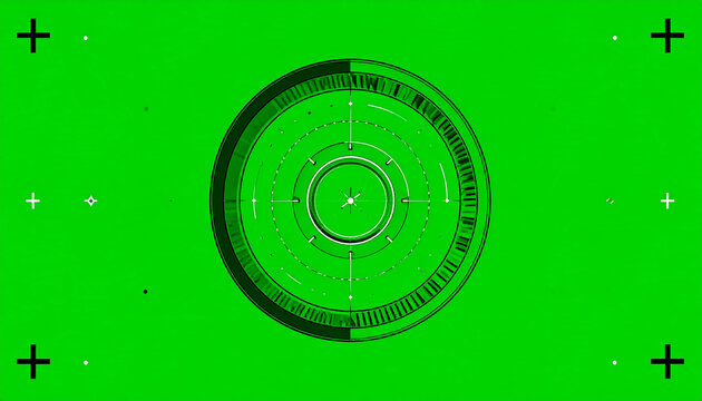 Futuristic Sci-Fi HUD Target Reticle with Tracking Markers on a Green Screen Background for Compositing and Visual Effects