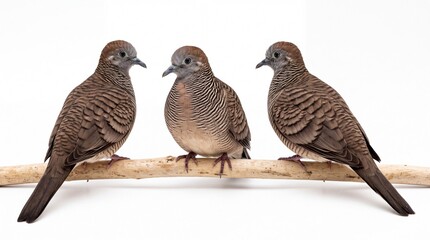 Naklejka premium Three zebra doves perched on a wooden branch showing beautiful striped feathers captured in sharp focus isolated on white background