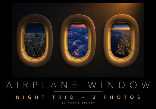 Airplane Window Trio Photo Frame - 3 Plane Porthole Night Aerial Views, Dark Cabin