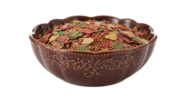 Bowl of colorful fish food flakes and pellets for aquarium pets nourishment healthy diet.