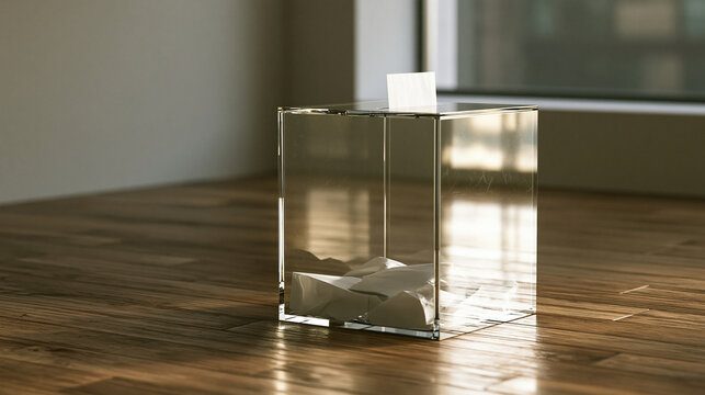 A clear acrylic ballot box sits on a polished wooden floor in a sunlit room. This representational image illustrates democratic voting processes or charity donations.