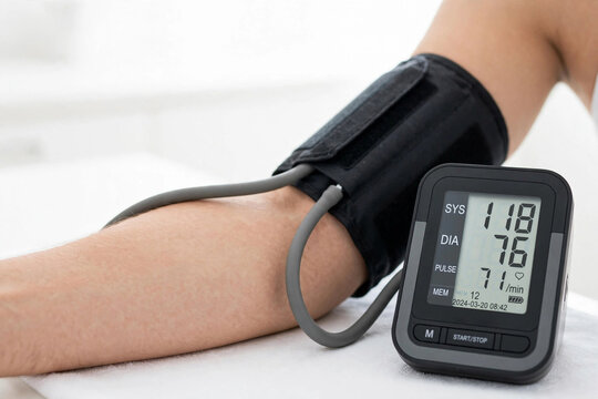 Close up of arm with digital blood pressure monitor cuff measuring blood pressure
