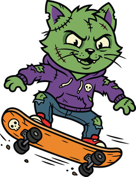Cartoon zombie cat on skateboard halloween mascot vector illustration undead creature.