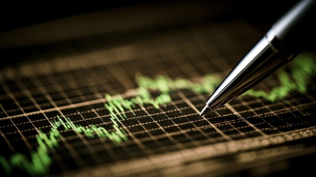 Close up of a pen analyzing a green stock market graph with gridlines