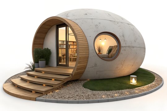 Modern concrete pod house architecture with glass sliding doors and wooden