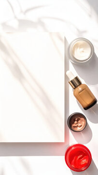 Cosmetic skincare product with serum, cream, and red gel on white background