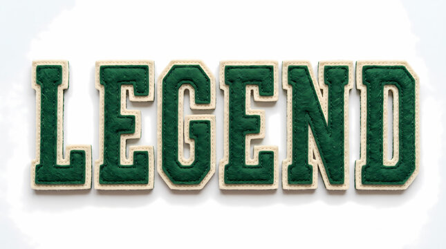 3D Rendered Legend Word Varsity Chenille Letter Patch College Sports Typography Isolated on White