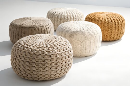 Group of assorted woven jute poufs and footstools on a white floor with interior