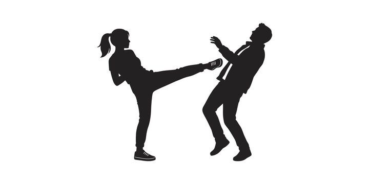 Woman silhouette kicking man with aggressive fighting motion isolated on grey checkered background.