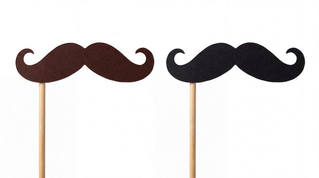 Brown and black cardboard mustache photo booth props mounted on thin wooden sticks showcased isolated against a solid clean on white background