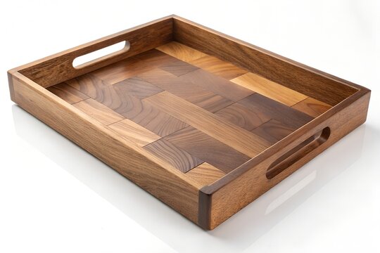 Rectangular wooden serving tray with handles and parquet design
