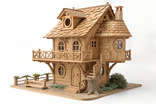 Detailed miniature wooden house model with balcony and shingle roof