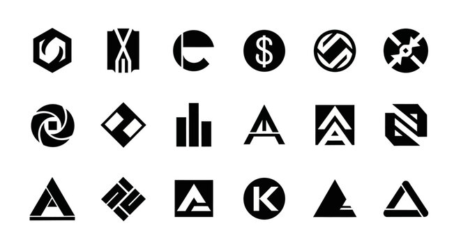 Collection of modern black with displays grid 20 various black logos icons white background identifiers technology geometric graphics business