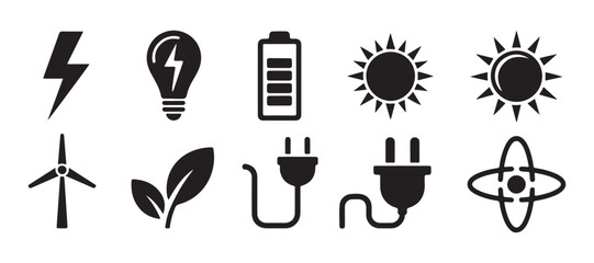 Collection of ecological power generation icons featuring wind turbines solar energy and plug signs. © Hamidul