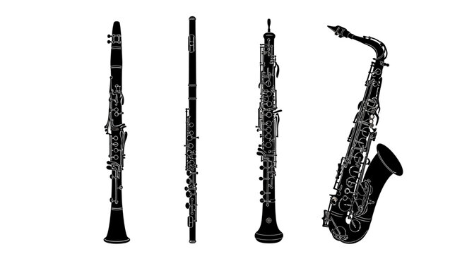 Black and white illustration of four musical instruments with including three oboes one saxophone classical orchestra woodwind ensemble symphony