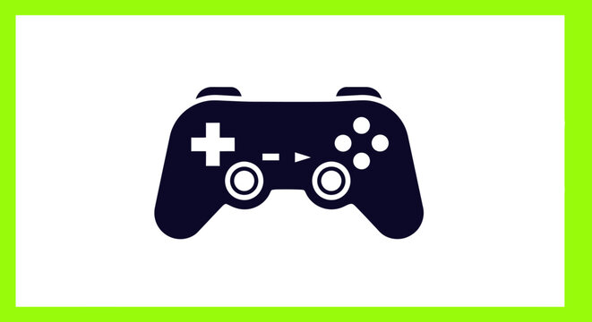 Gaming controller icon on white background with green border with video game controller dark blue video electronic technology joystick remote