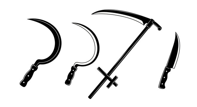 Black and white illustration of various knives with agriculture harvesting gardening sickles weapons cutlery cutting objects tools sharp with farm