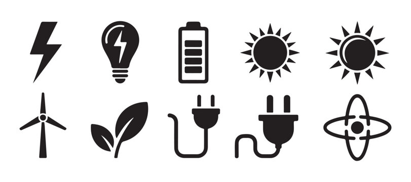 Collection of ecological power generation icons featuring wind turbines solar energy and plug signs.