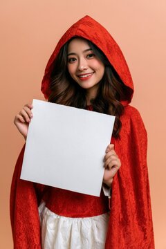 Young Woman in Red Hood Holding Blank Sign