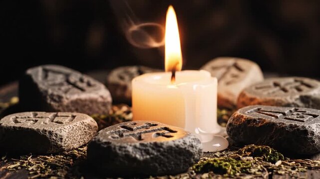 Mystical pagan ritual with a burning wax candle surrounded by ancient runestones with symbols. A spiritual seance setup with dried herbs and moss for divination and esoteric practices