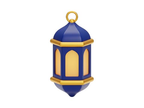 A 3d render of an ornate blue and gold lantern for ramadan celebration