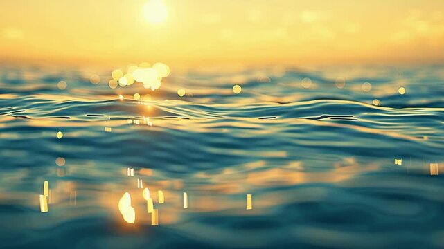 Ocean Sunset Serenity: The golden sun descends below the horizon, casting a warm, shimmering glow across the tranquil blue ocean waves, creating a breathtaking seascape.