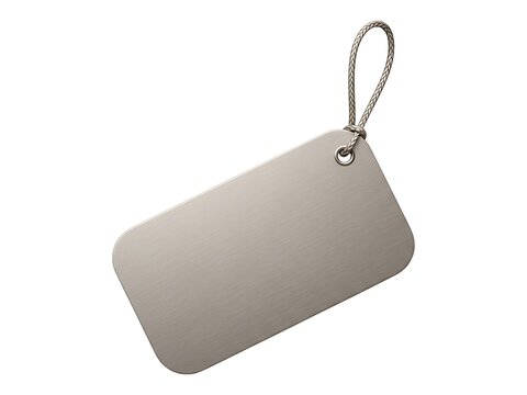 Blank rectangular beige luggage tag with a woven cord loop on white background