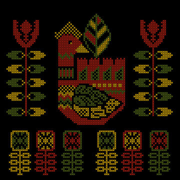 Traditional Ukrainian Cross-Stitch Folk Art.Rooster and Floral Motifs, Red Green Yellow on Black background 
